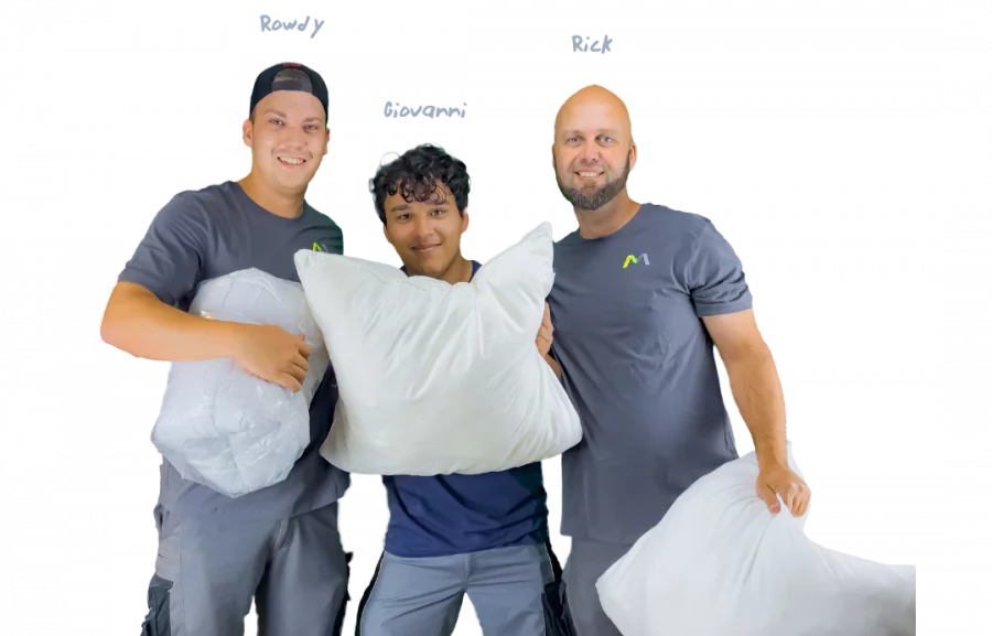 Rowdy, Giovanni and Rick holding pillows
