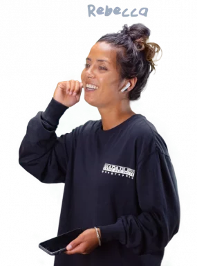 Rebecca on the phone and smiling