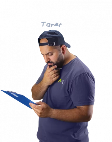 Taner looking at a blue map